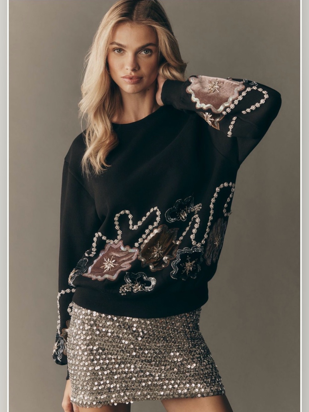 Anthropologie Ollari Floral Crystal Embellished Sweatshirt